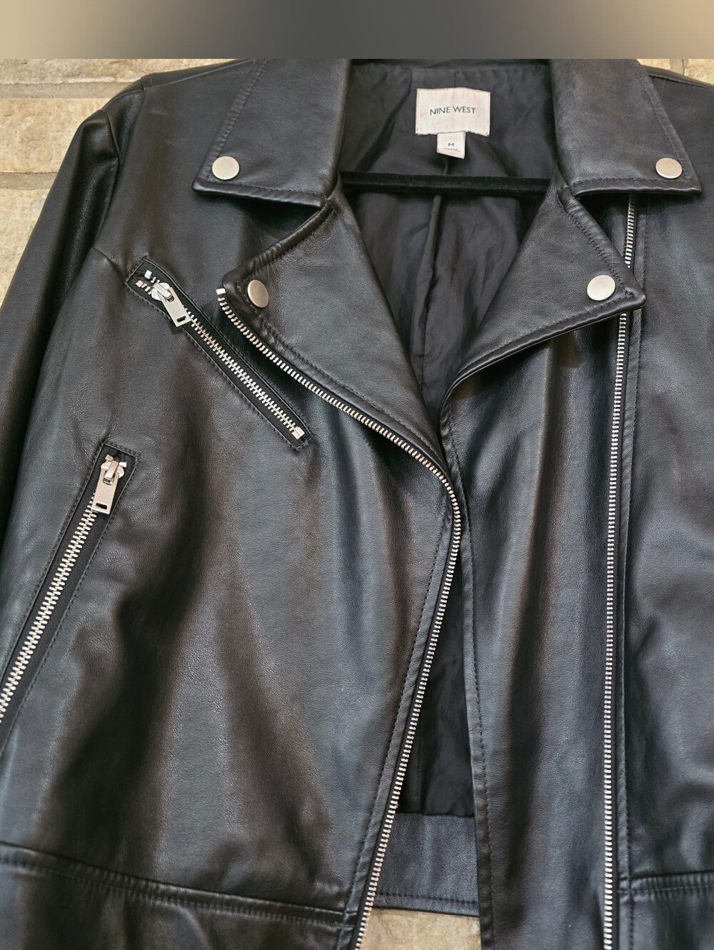 Nine West Black Imitation Leather Moto Biker Jacket - Size M - Picture 9 of 11